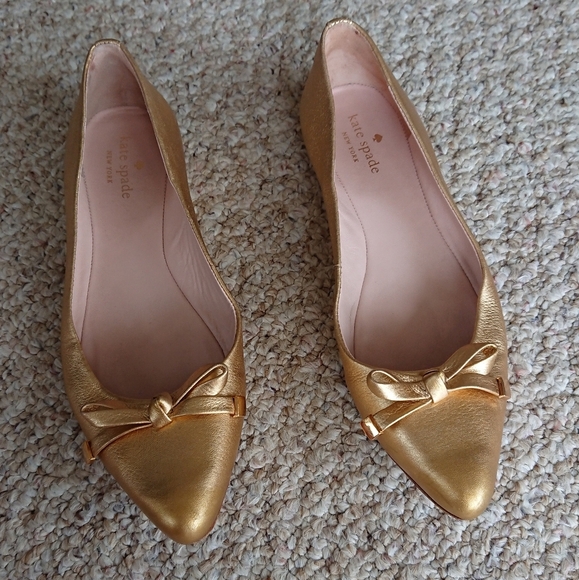 Kate Spade New York Emma Bow Metallic Gold Pointed Toe Flats size 7.5 - Picture 1 of 14